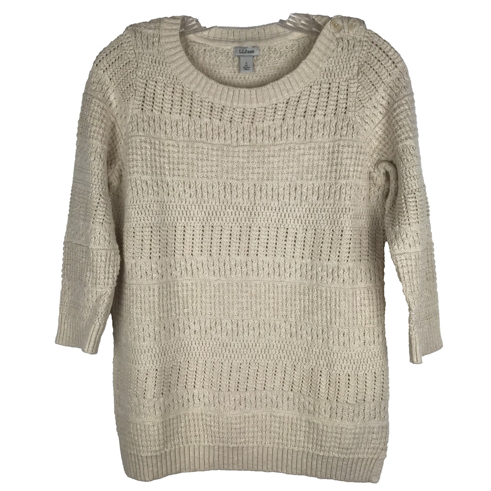 LL Bean Open Knit Sweater Button Shoulder 3/4 Sleeve Beige Coastal Womens Small